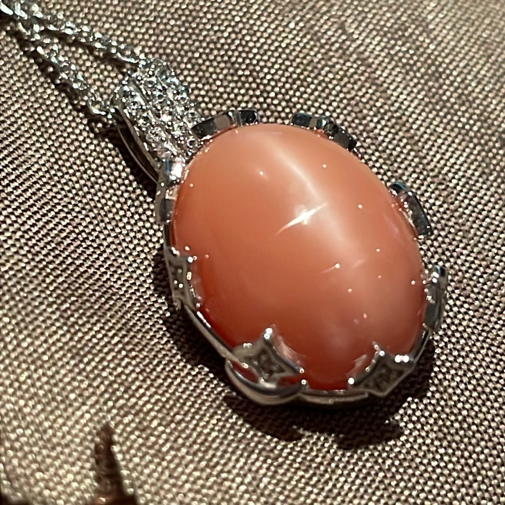 Peach Moonstone Pendant Necklace 925 White zircons NWTS